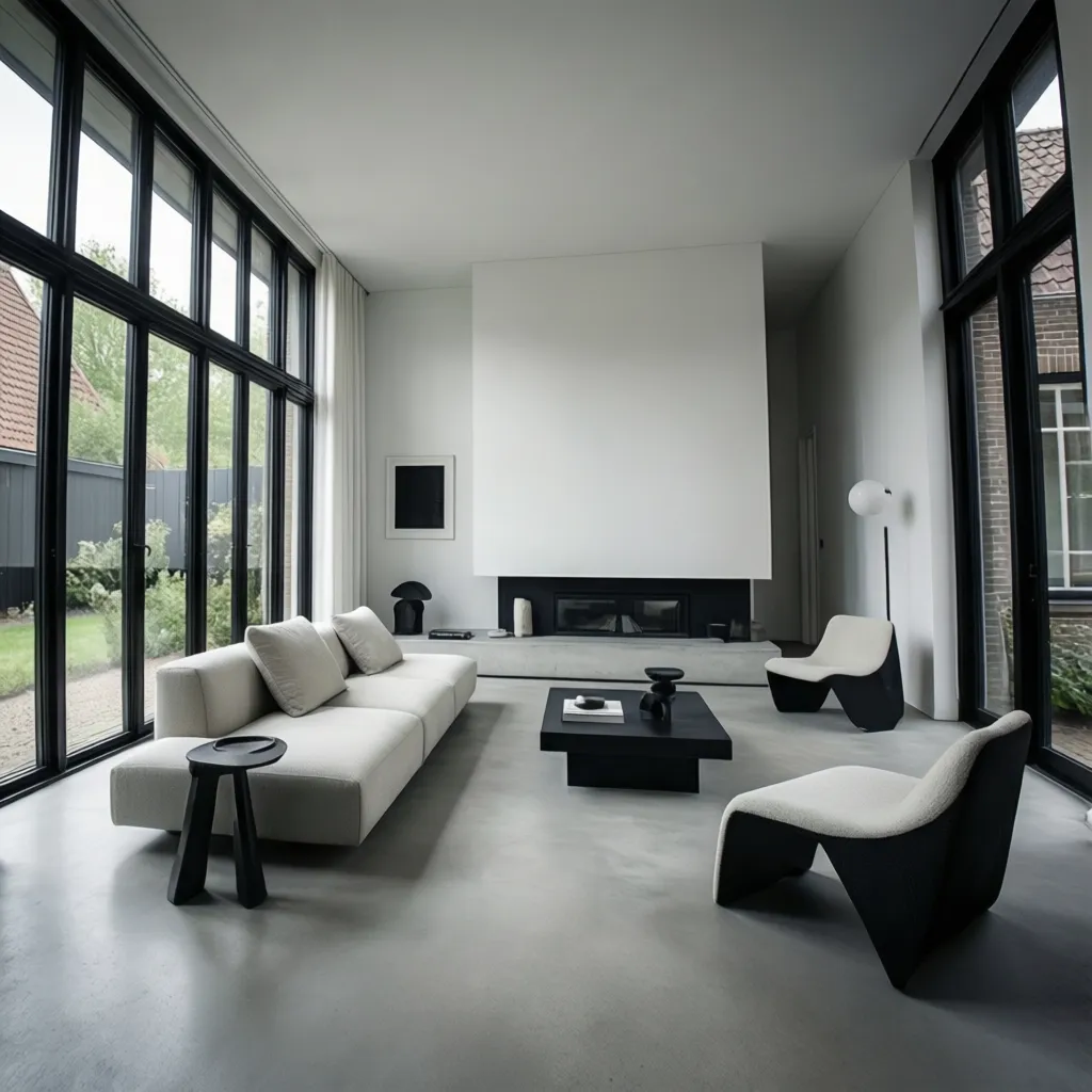 Modern Dutch living room with bold contrast, white walls, black accents and minimal furniture