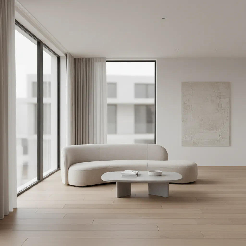Minimalist Dutch living room with neutral palette and modern designer furniture