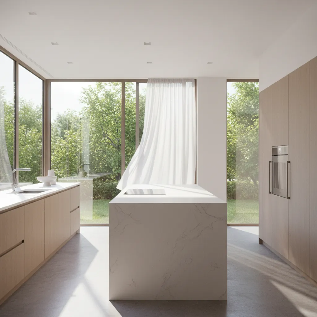 Modern kitchen with marble island, wooden cabinets, large windows, white blowing curtain, and natural sunlight