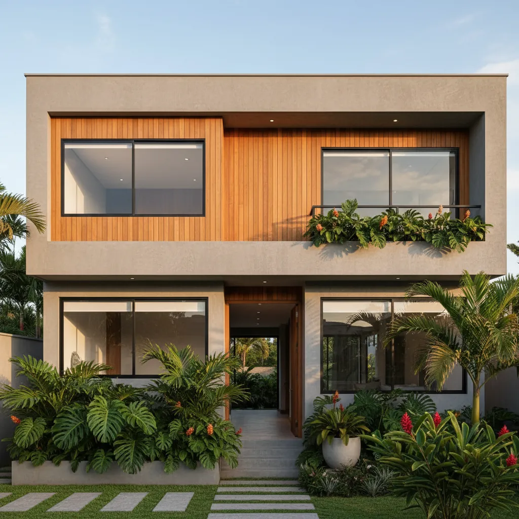 Exterior de casa moderna en Ecuador con terraza y grandes ventanas
