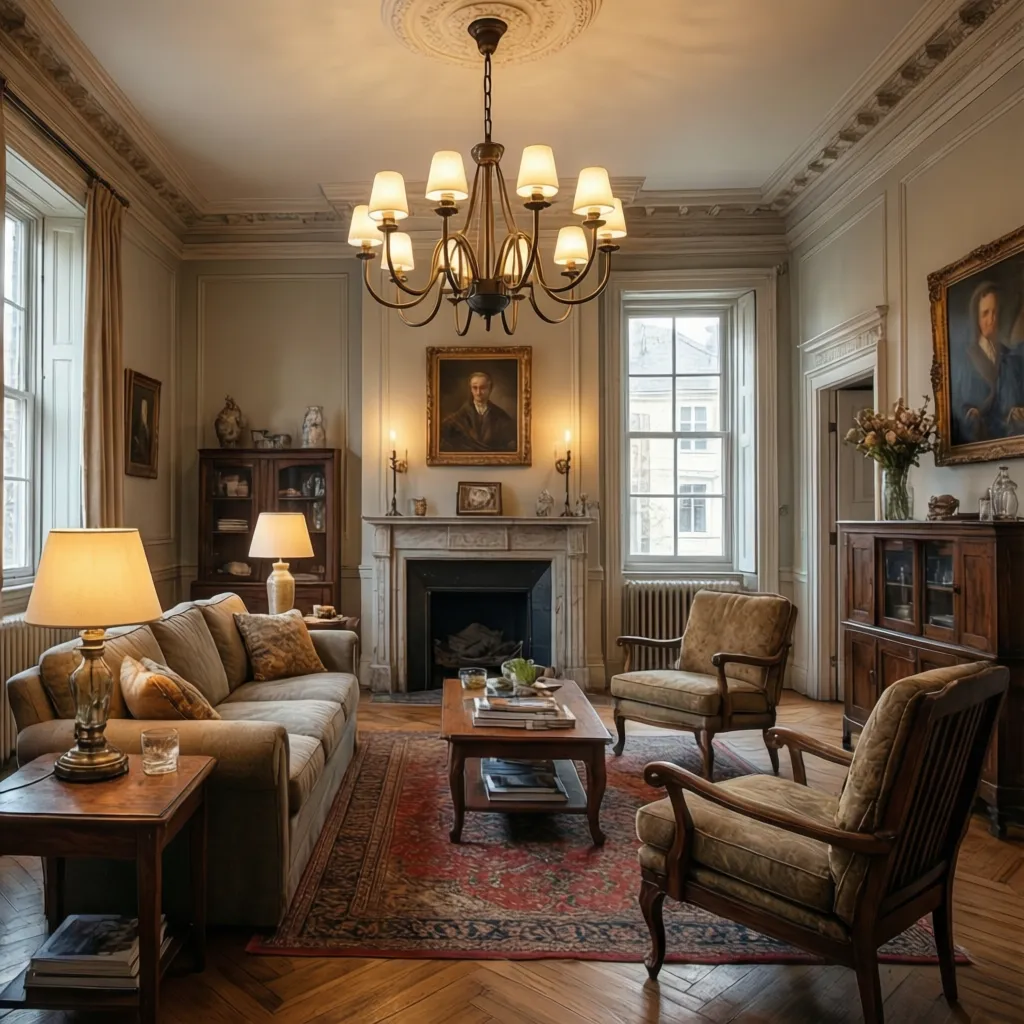 modern electric chandelier installed in renovated historic living room