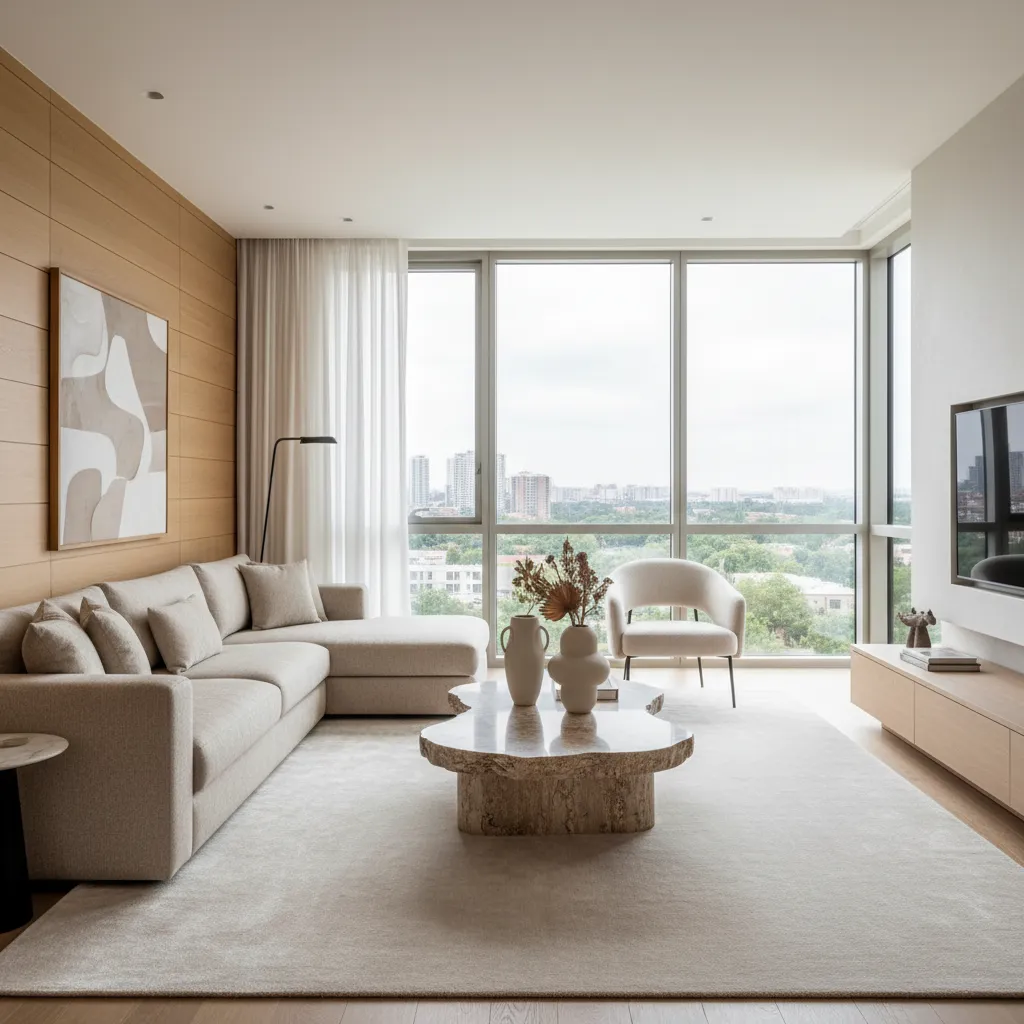 Sala de estar moderna elegante con sofá neutro, mesa de centro de piedra y luz natural