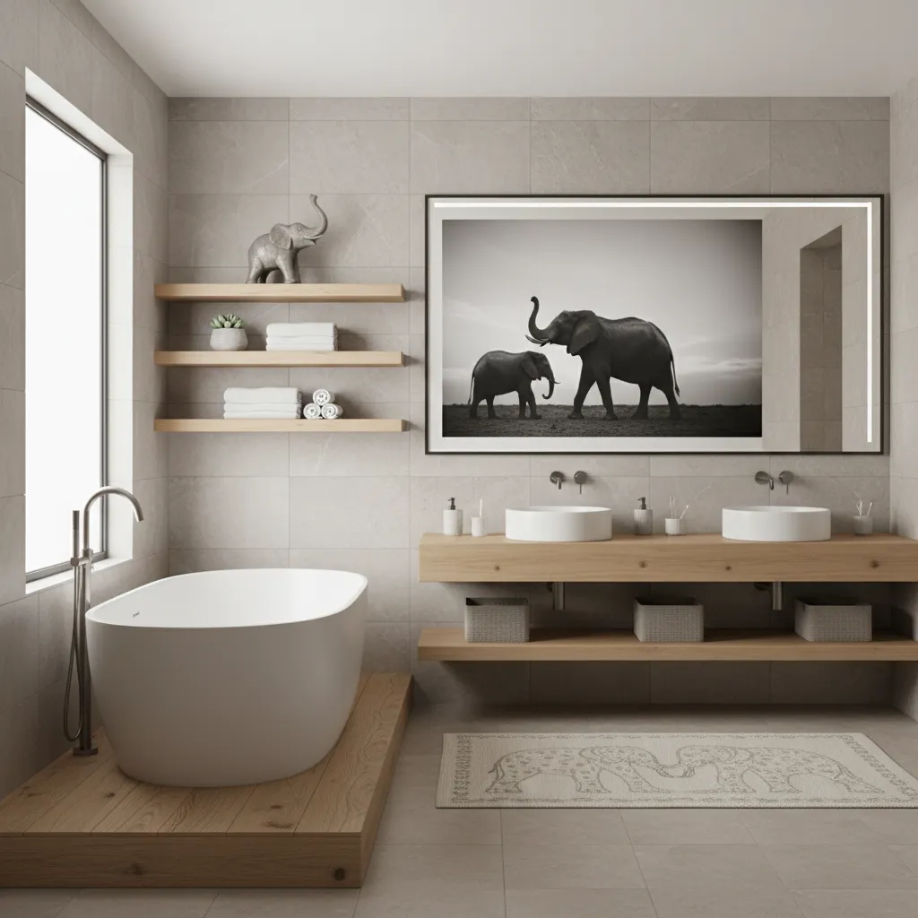 Modern bathroom with subtle elephant themed decor and neutral spa style design