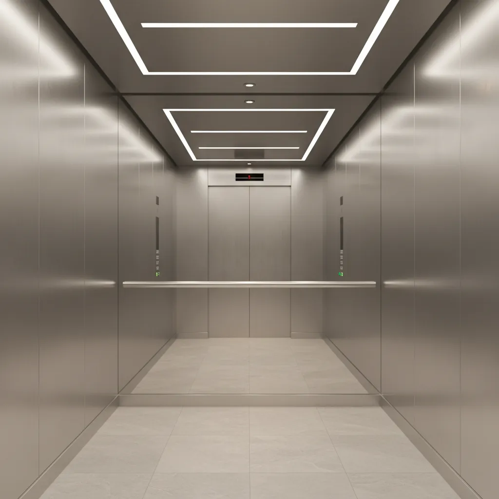 minimalist elevator cabin interior with mirror wall and soft lighting