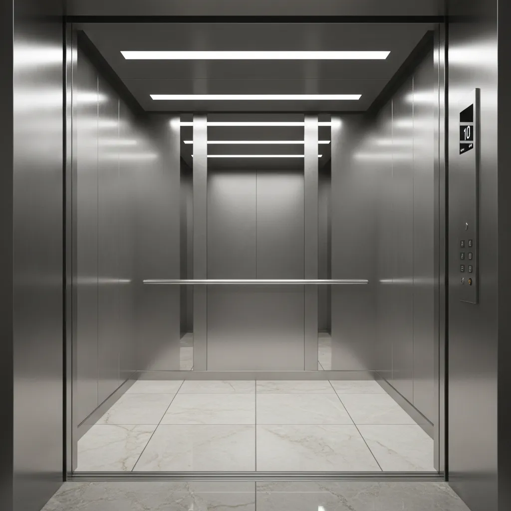 modern commercial elevator cabin interior with stainless steel walls and ceiling lighting