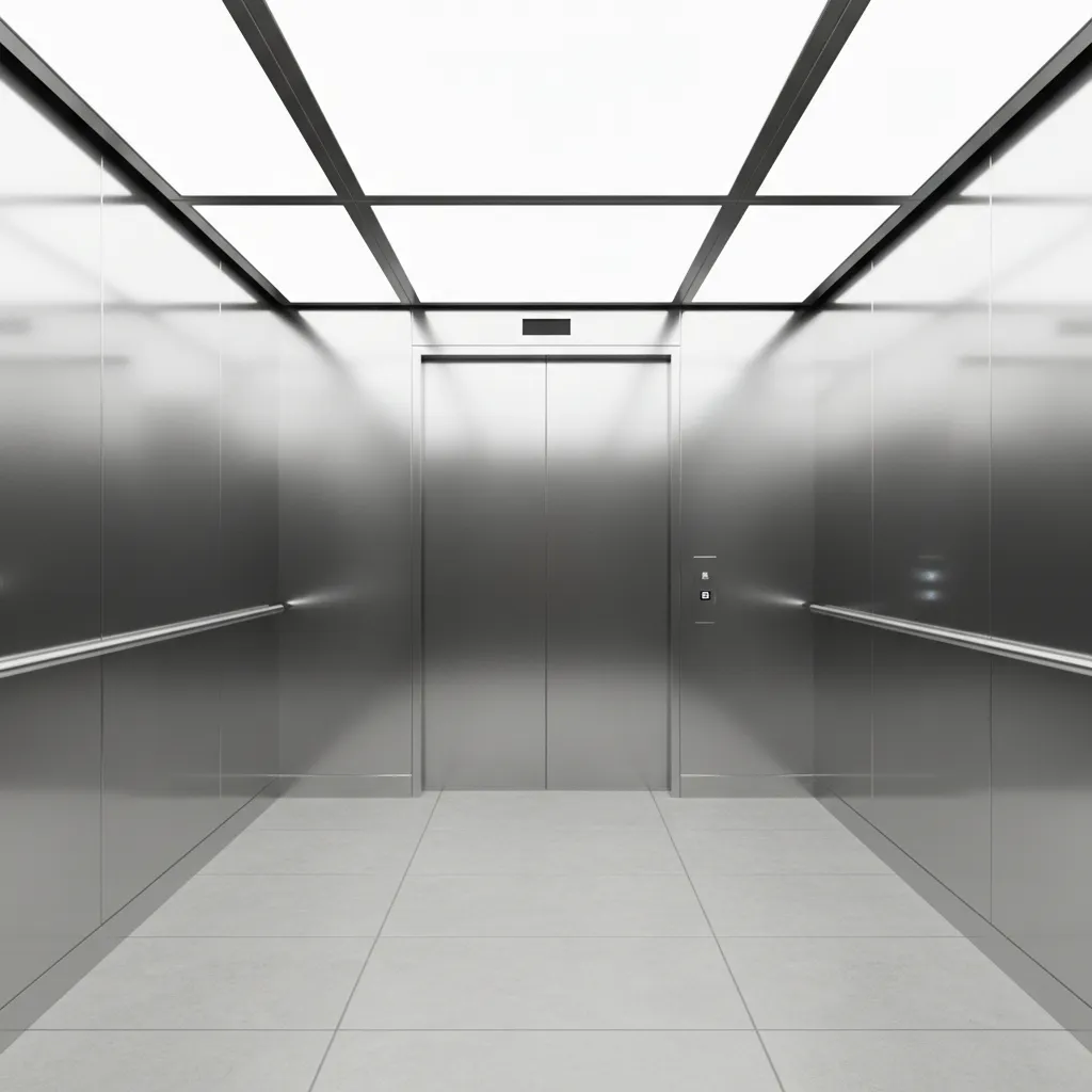 Elevator cabin with bright LED ceiling panels creating even lighting