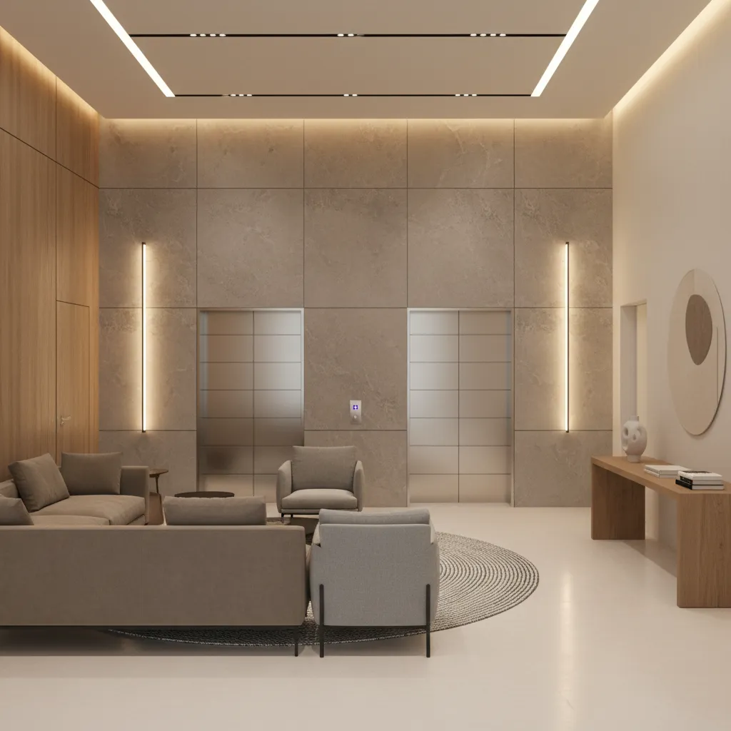 Contemporary elevator lobby with textured stone look lift wall tiles