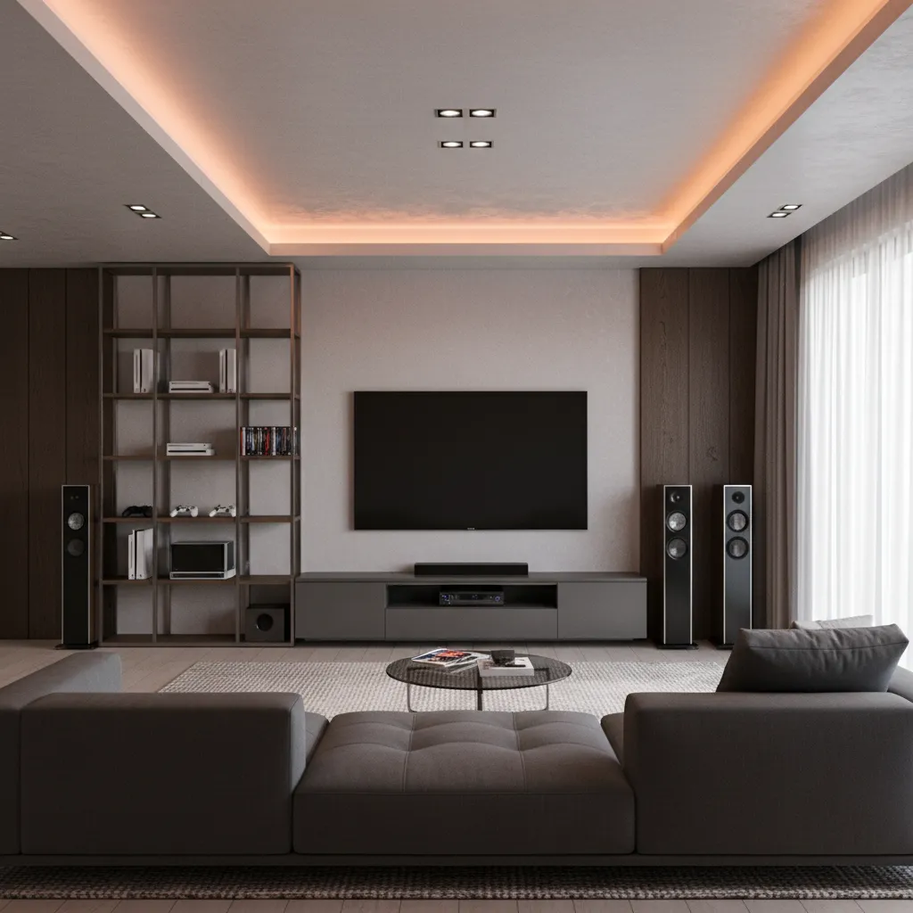 Modern entertainment room with large TV, speakers, and gaming setup