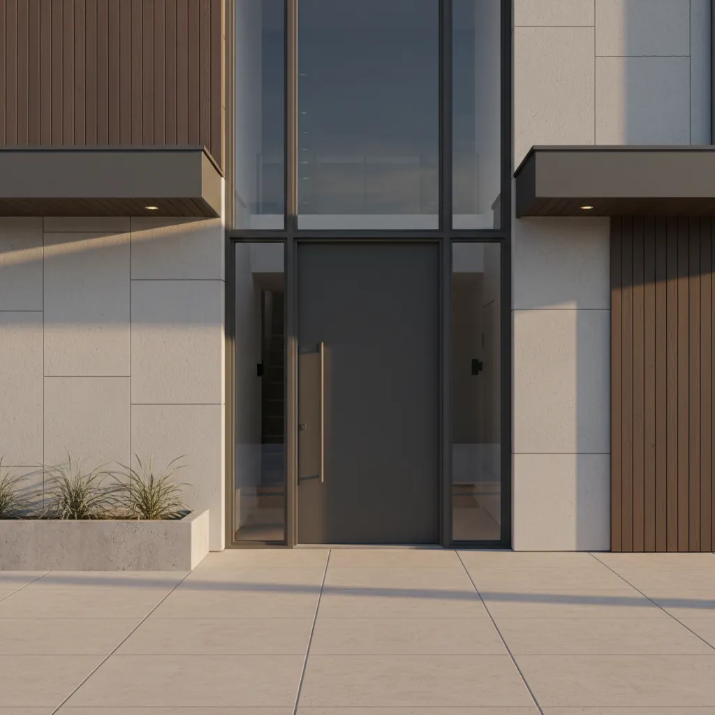 Modern front door with glass side panels and minimalist architectural lines