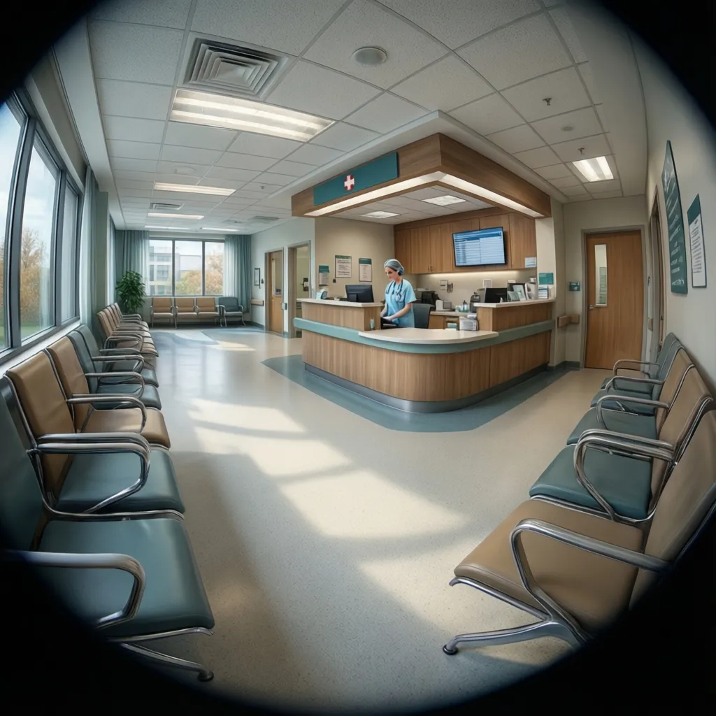 Hospital emergency department waiting and triage area with clear wayfinding and seating