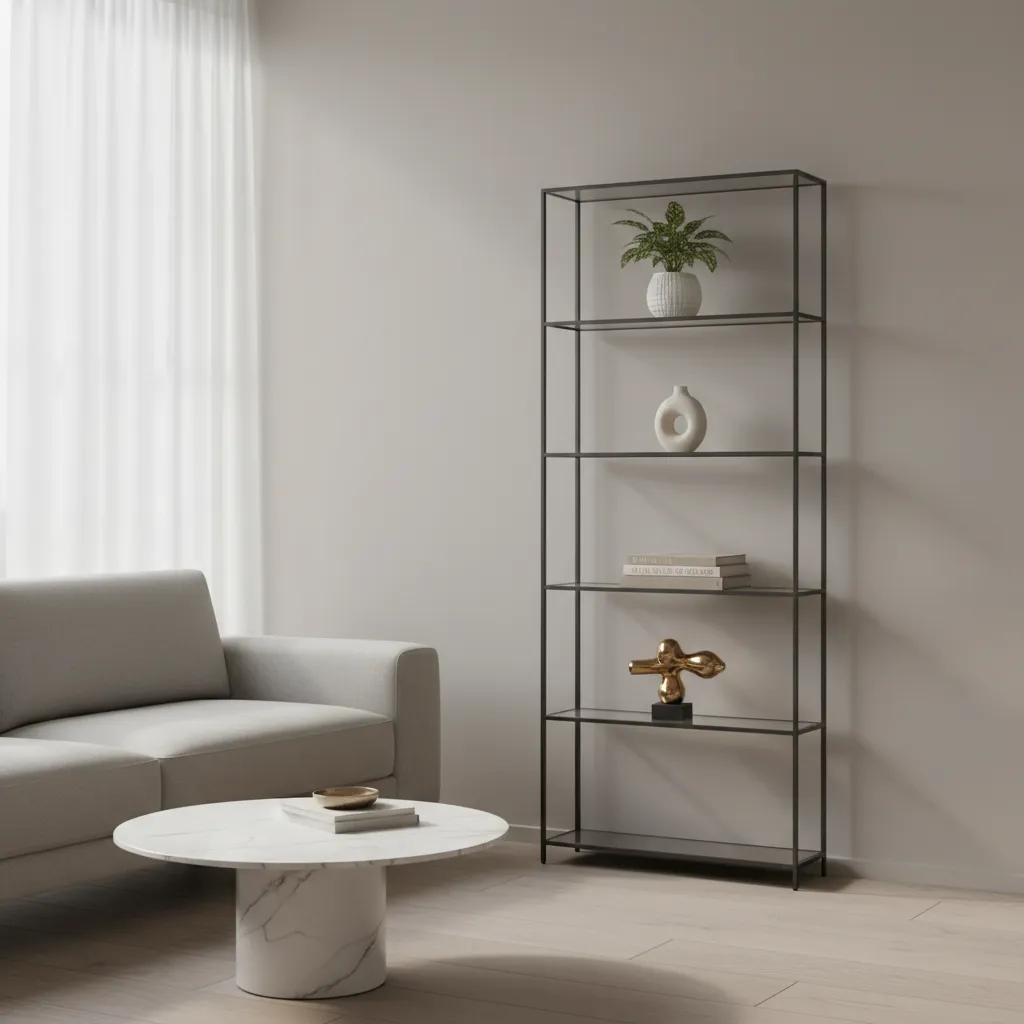 minimalist metal etagere styled with plants books and decorative objects