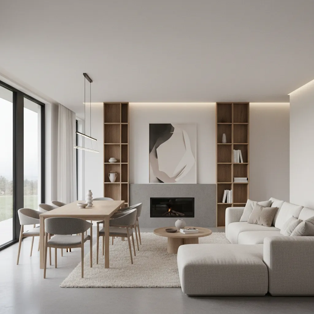 Modern living room combining German structure with Scandinavian wood and lighting