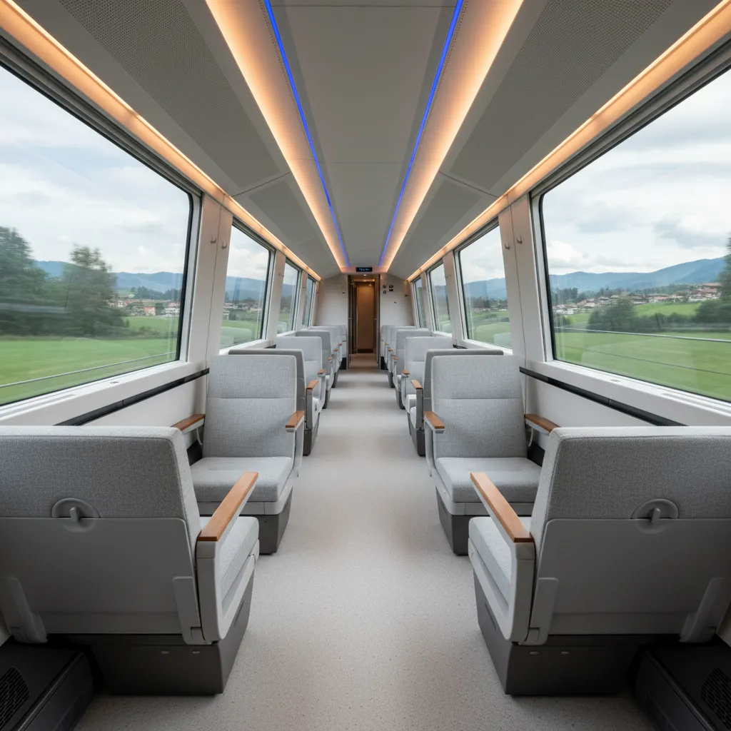 Interior de tren europeo moderno con diseño minimalista y modular