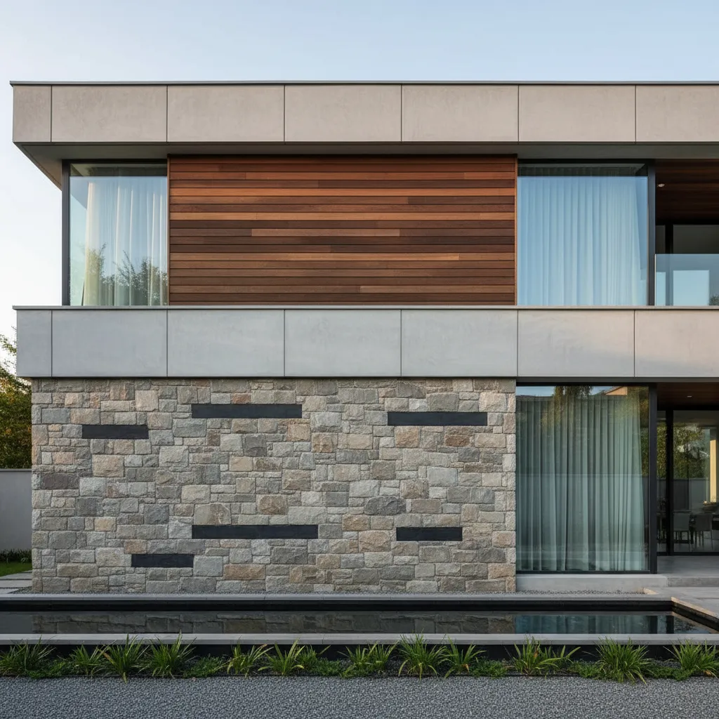 Modern two story house facade featuring stone wall wood panels glass windows and a small pool