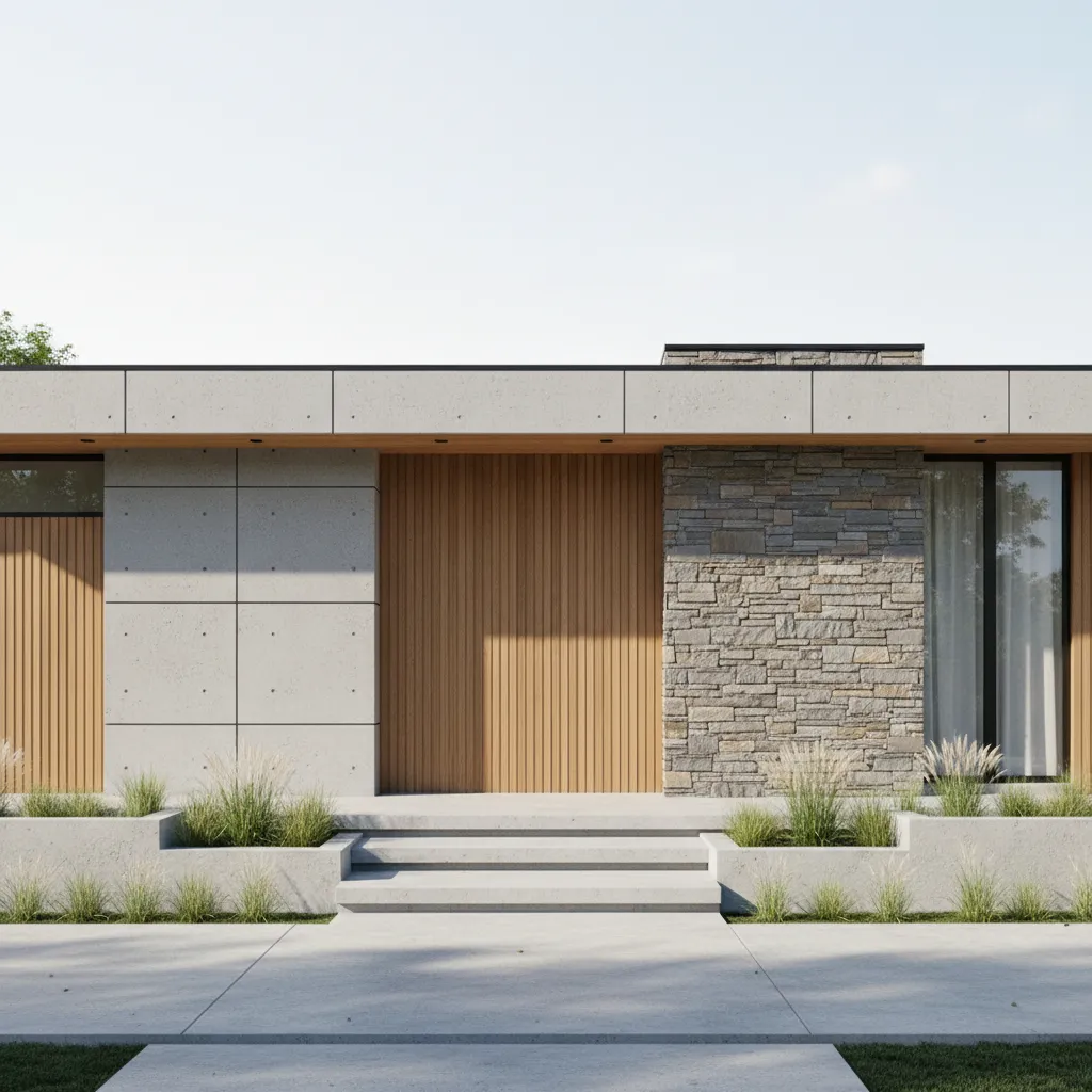 modern house exterior wall with mixed materials concrete wood and stone