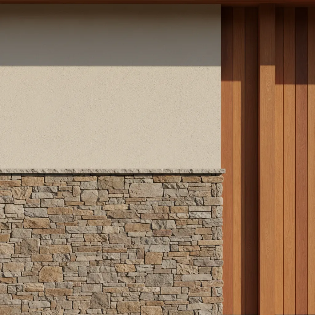 Close view of modern exterior wall materials including stone, plaster, and wood