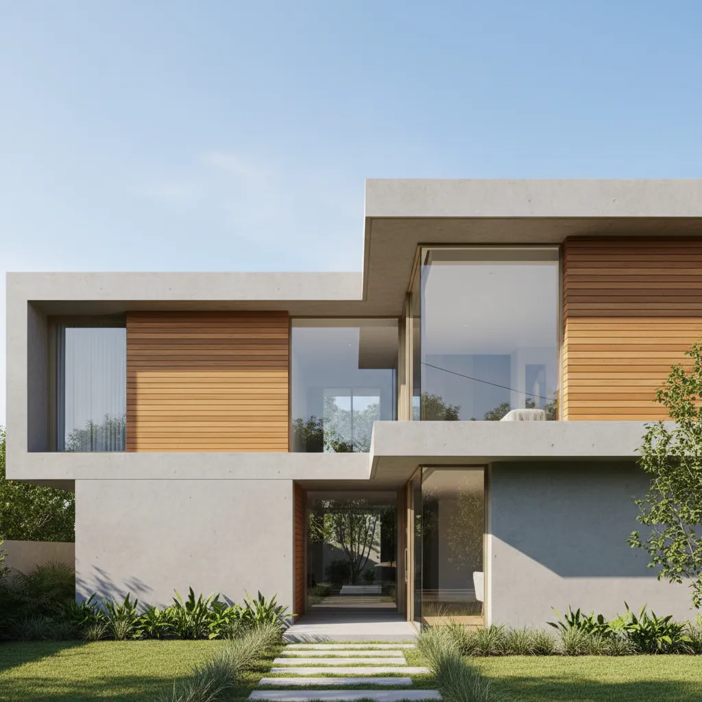 Fachada moderna combinando madera, hormigón y vidrio