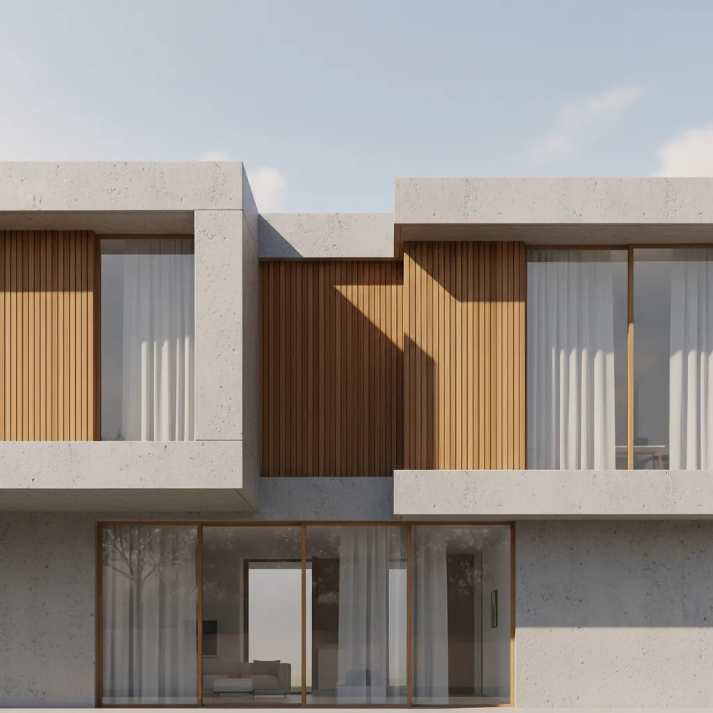 Modern house facade combining wood concrete and glass materials