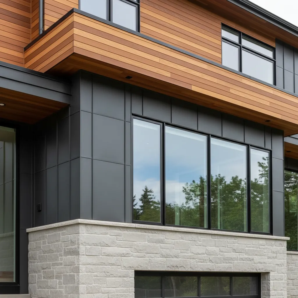 Modern house facade combining wood metal panels stone and glass materials