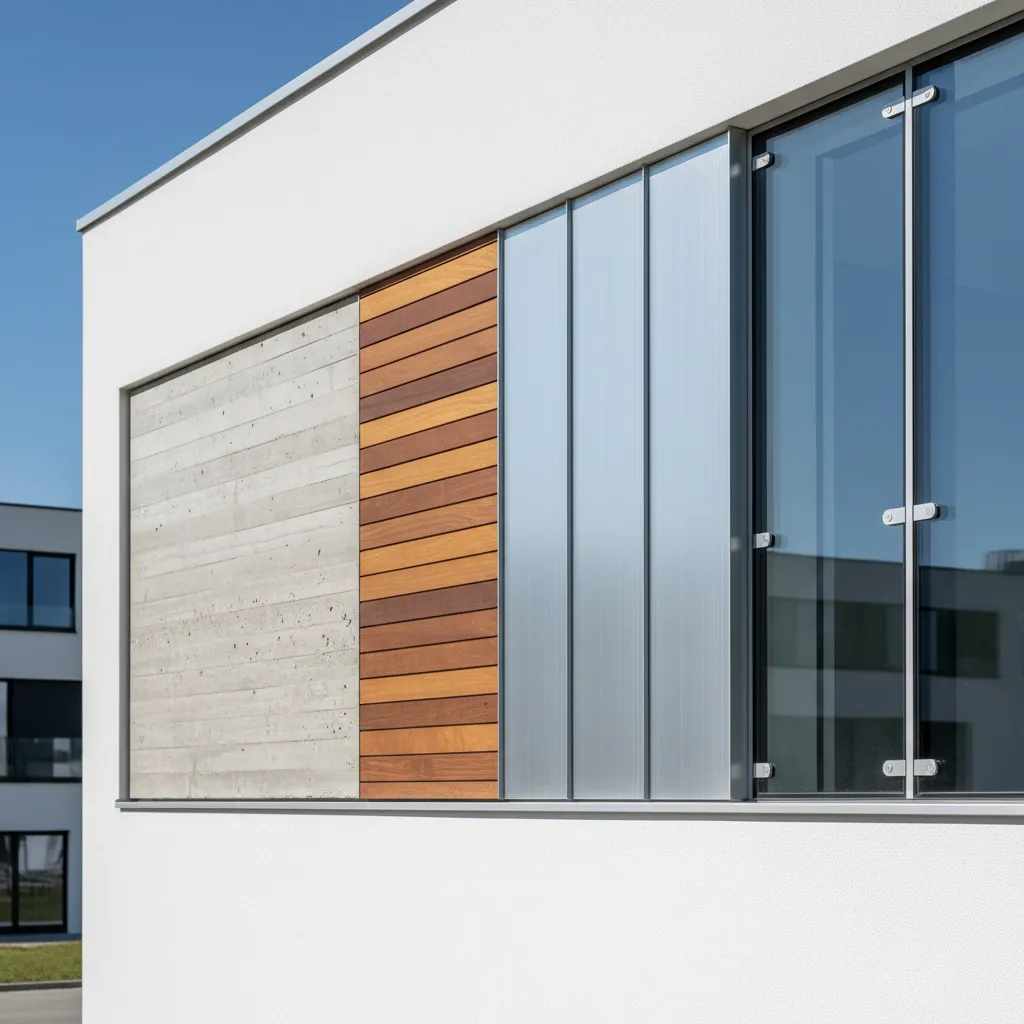 Modern facade showing concrete wood metal and glass material sections