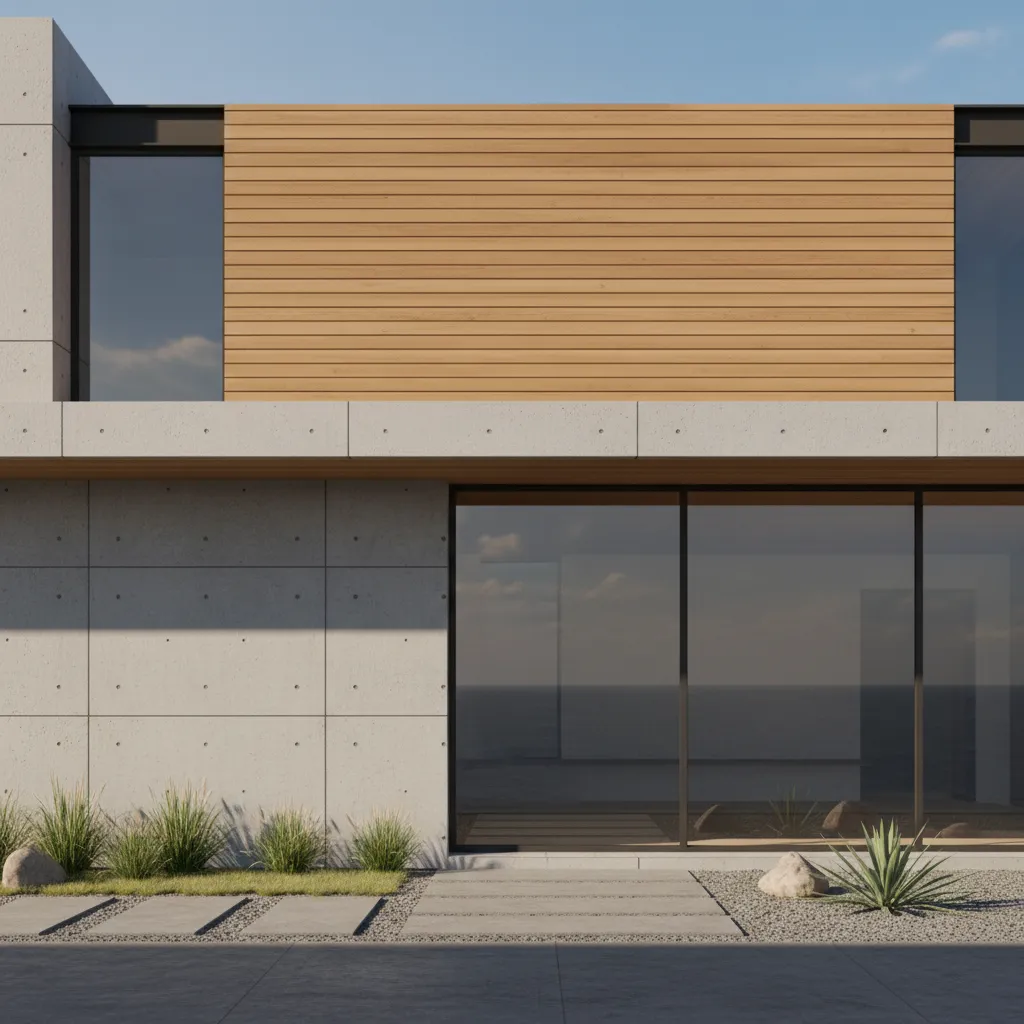 modern house facade showing concrete wood and glass materials