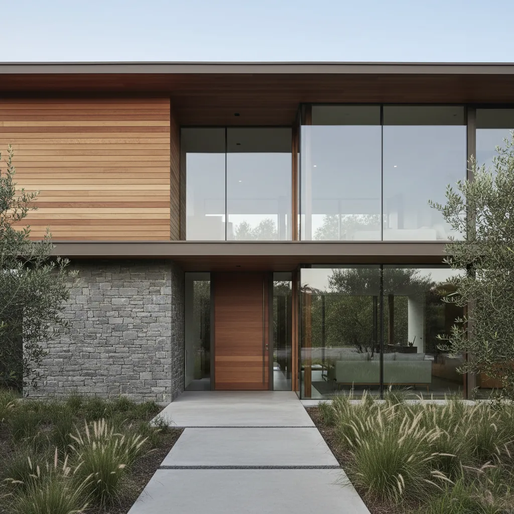 Modern house exterior with wood panels grey stone wall large glass windows and clean walkway