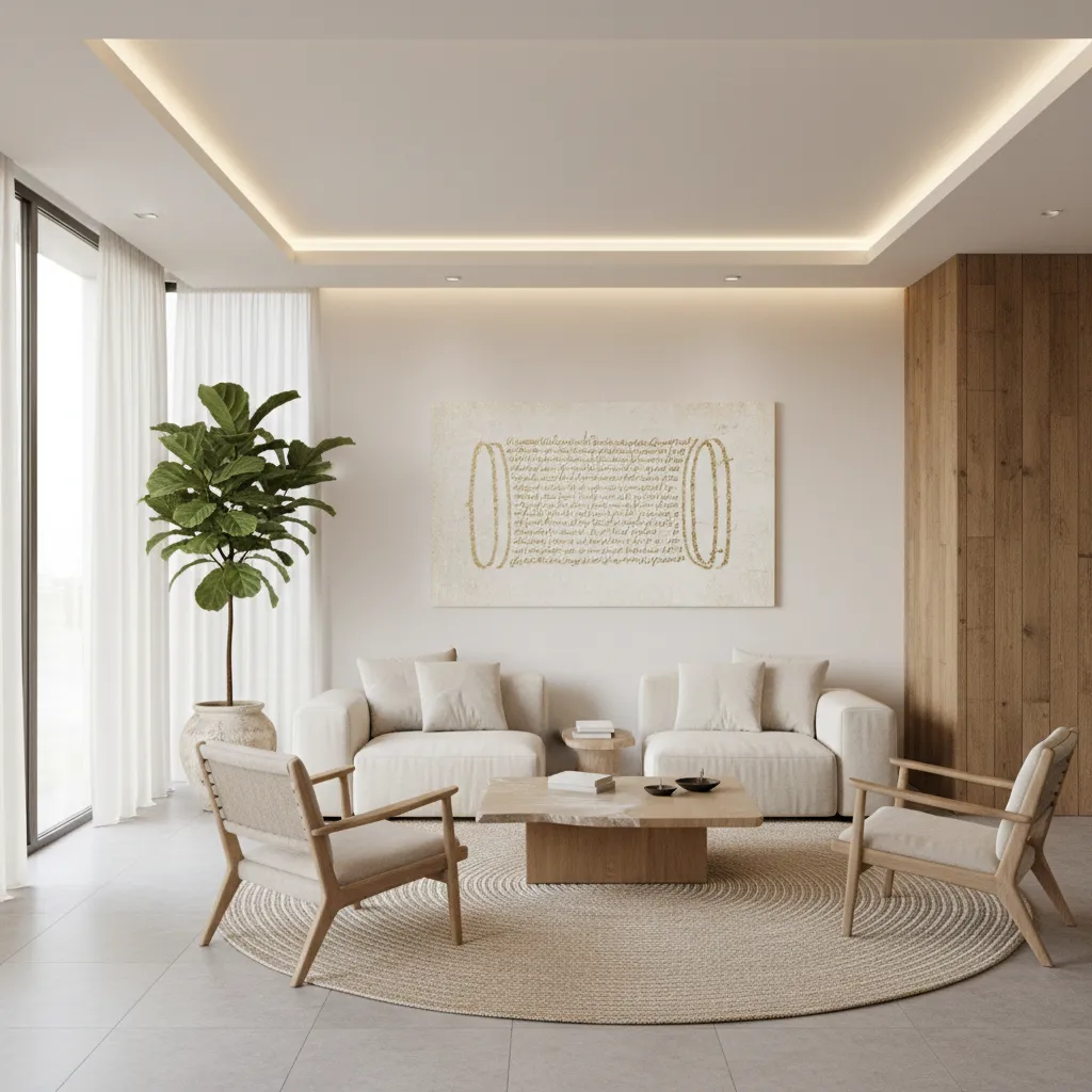 modern living room with subtle faith inspired decor and scripture calligraphy