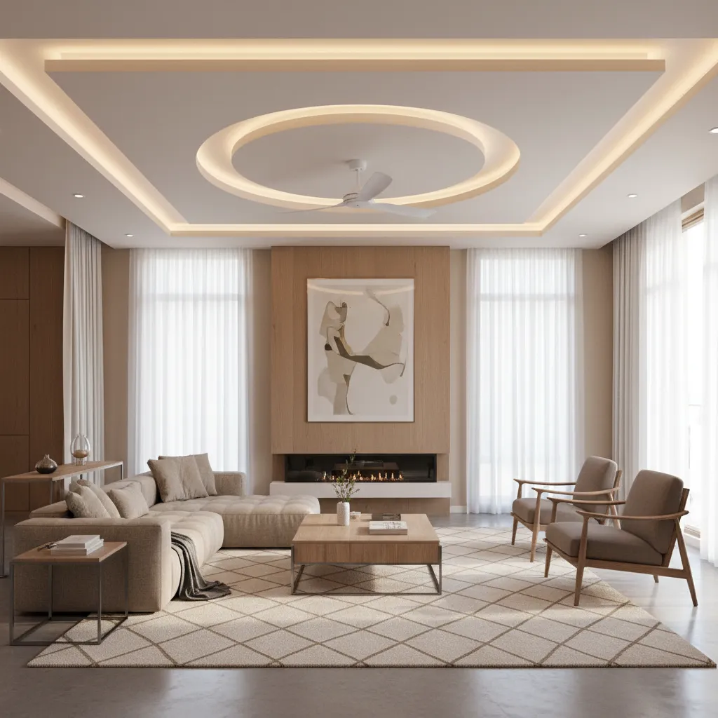 modern living room false ceiling design with ceiling fan and recessed LED lighting