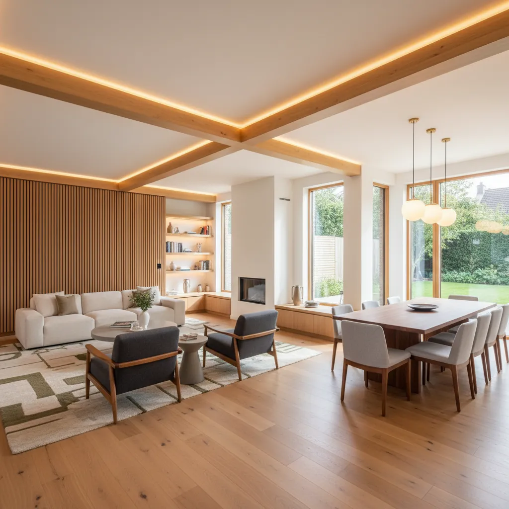 Modern living room with wood wall panel white sofa and dining table near large windows