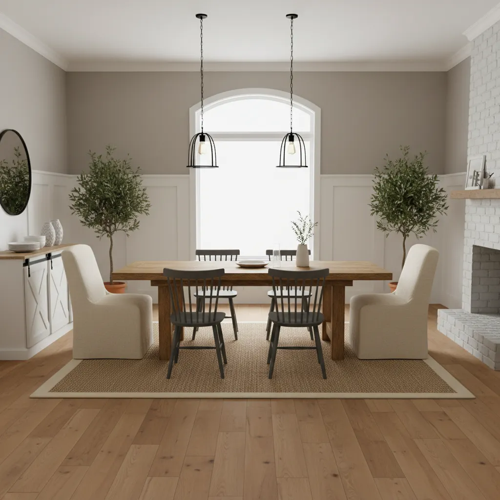 Modern farmhouse dining room with wood table and pendant lighting