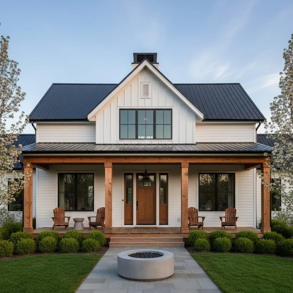 Casa estilo farmhouse moderno con fachada blanca y techo inclinado