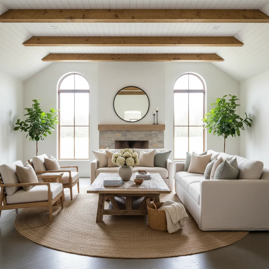 Salón estilo modern farmhouse con madera natural y tonos claros