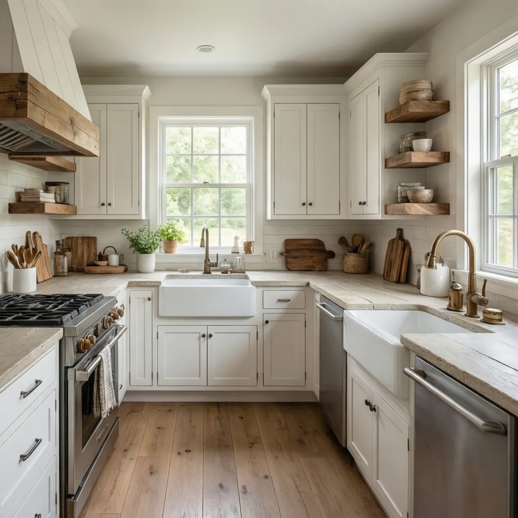 Bright modern farmhouse kitchen with white cabinets wood accents and apron sink
