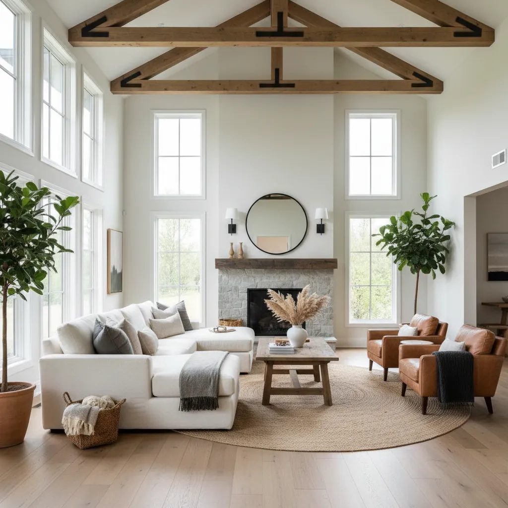 Salón estilo modern farmhouse con madera natural y tonos neutros