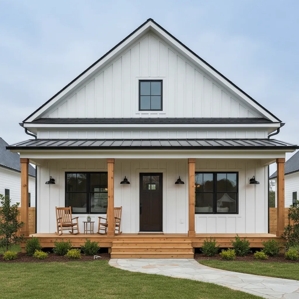Casa pequeña estilo modern farmhouse con fachada blanca y madera