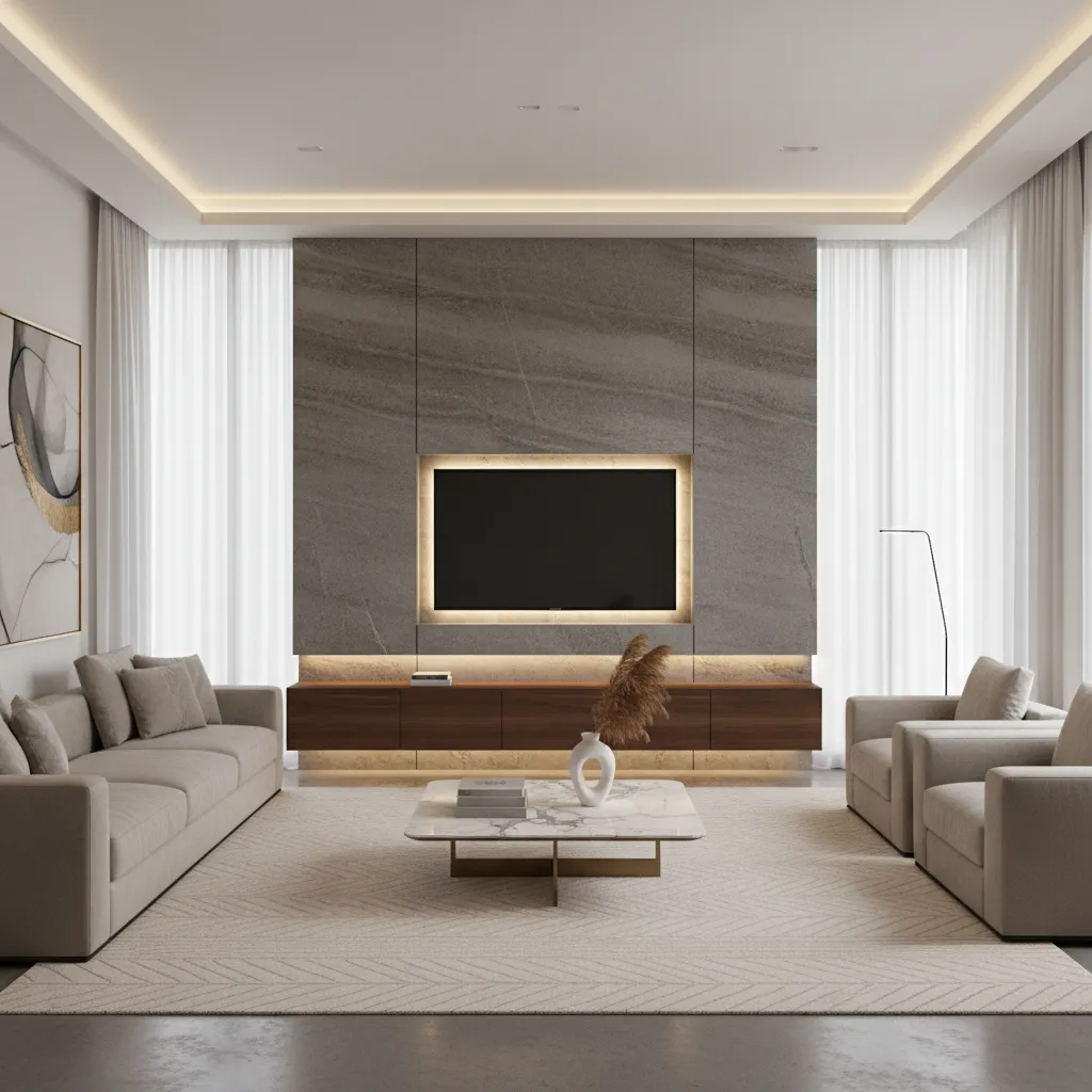 feature wall with integrated tv unit and ambient lighting