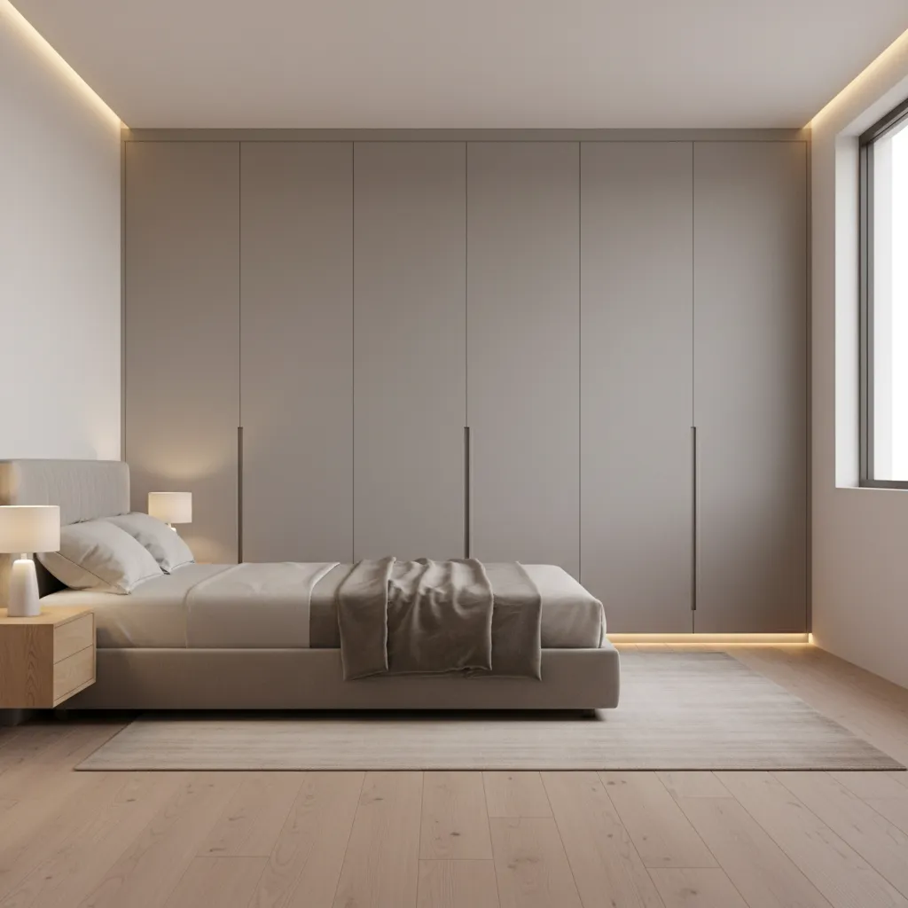 Modern cemented wall wardrobe with laminate panels and concealed handles