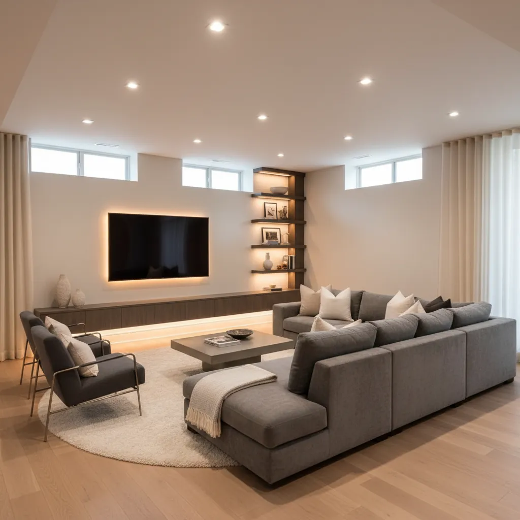 modern finished basement living room with entertainment area
