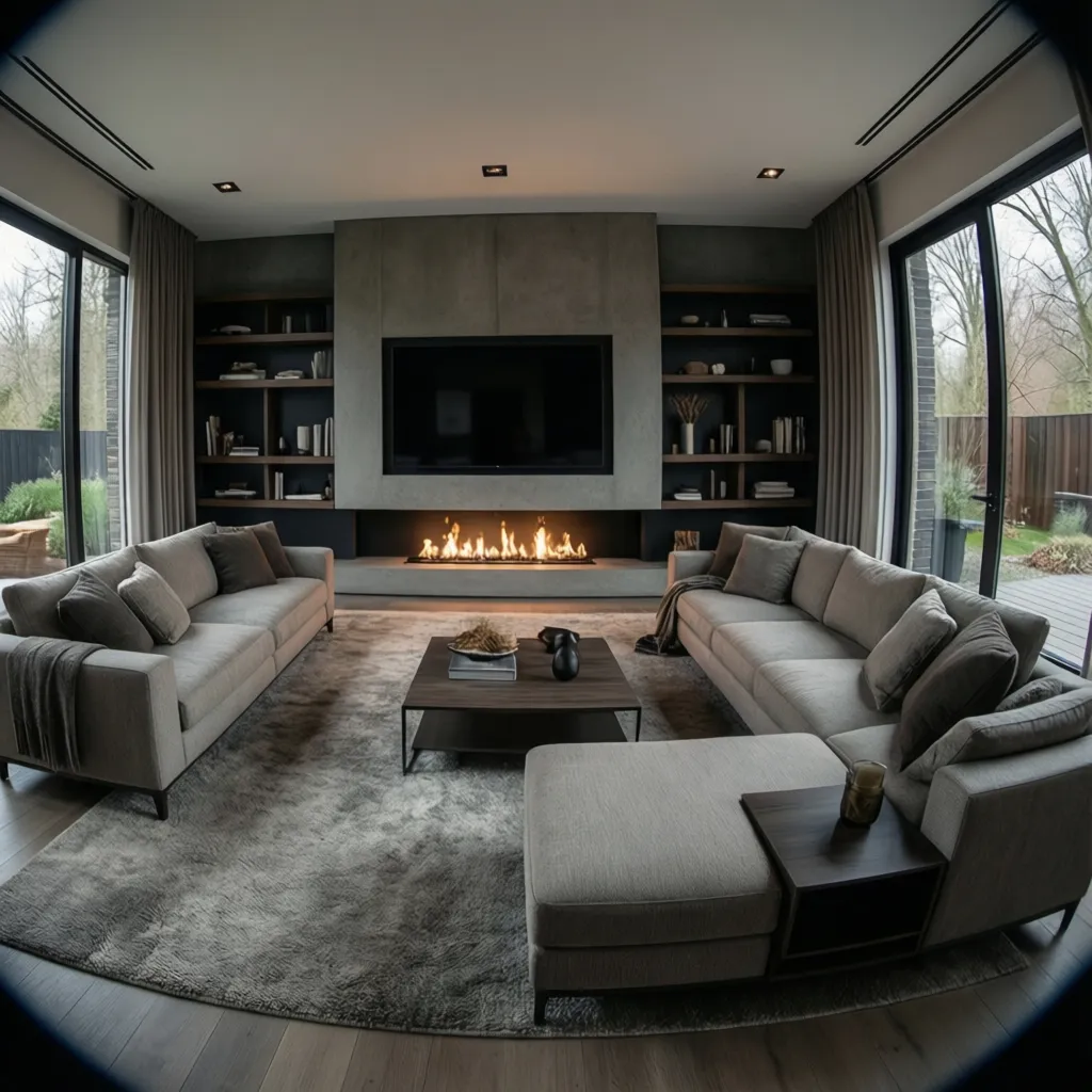 Modern living room showing fireplace TV wall layout with minimalist furniture arrangement