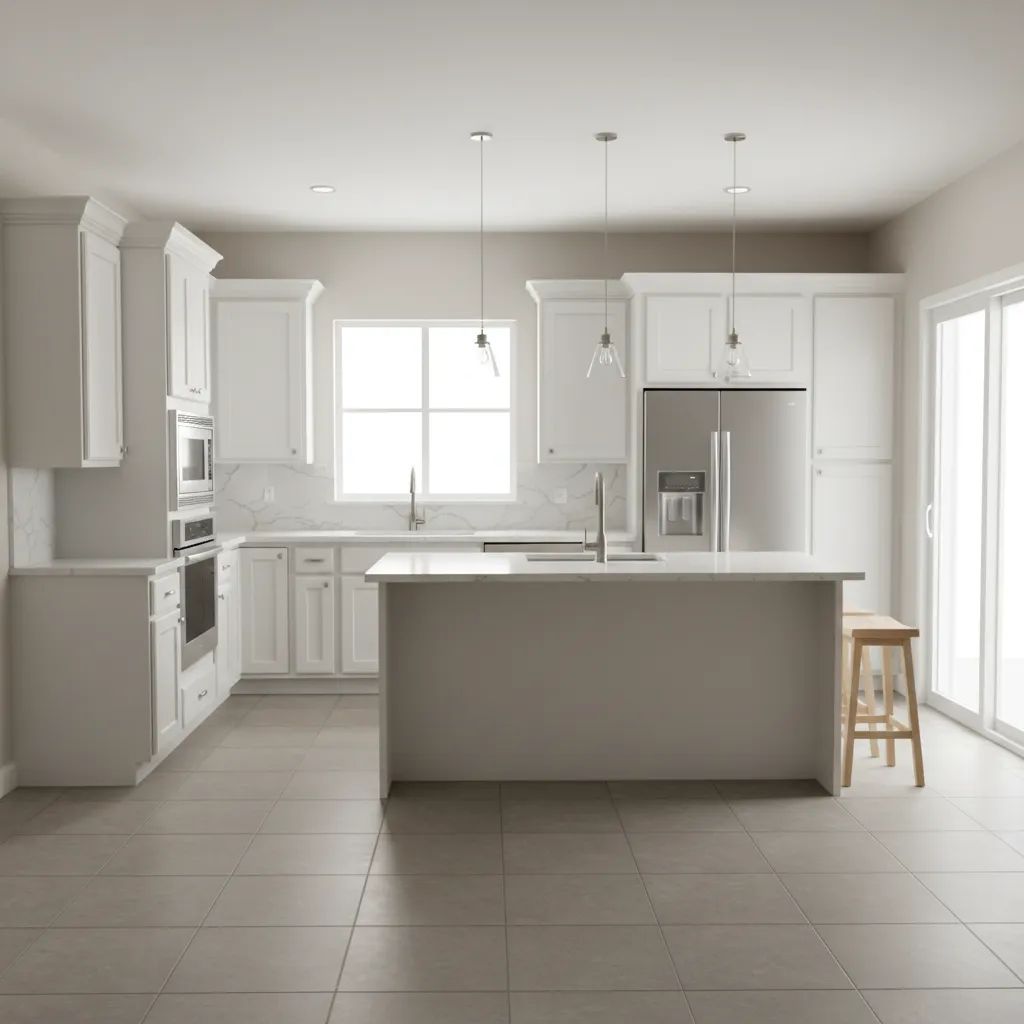 Bright modern fitted kitchen with cabinets, appliances, and island layout