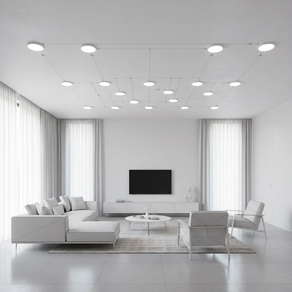 planning layout for modern flat ceiling lighting and materials