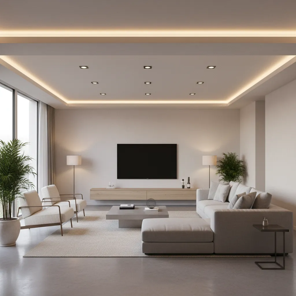 Modern living room with flat ceiling and subtle perimeter lighting
