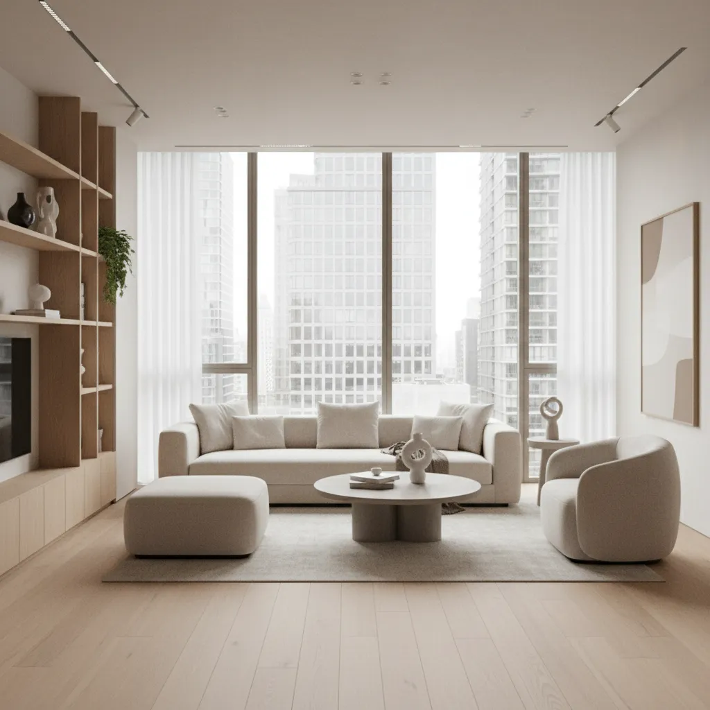Modern living room with beige sofa armchair round table wood shelves and large city windows