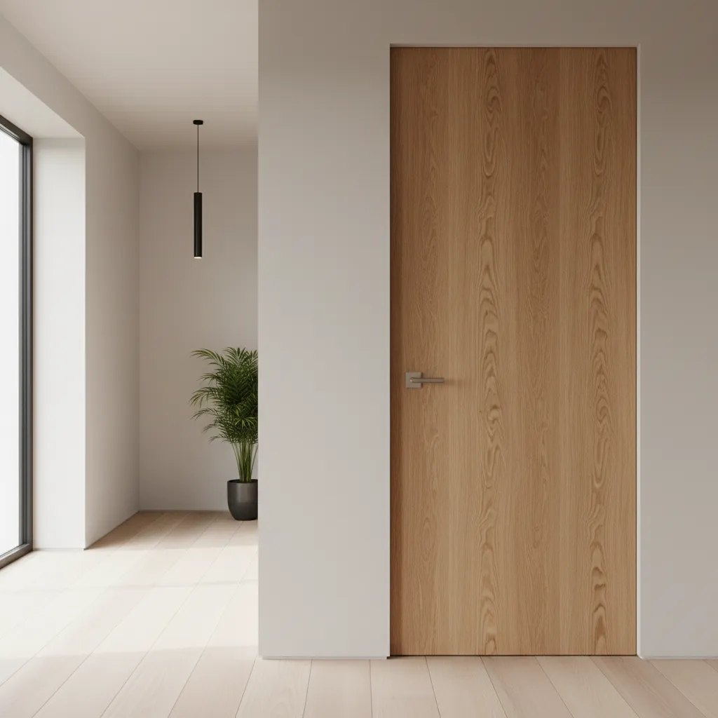 Puerta de madera lisa con veta natural en interior moderno