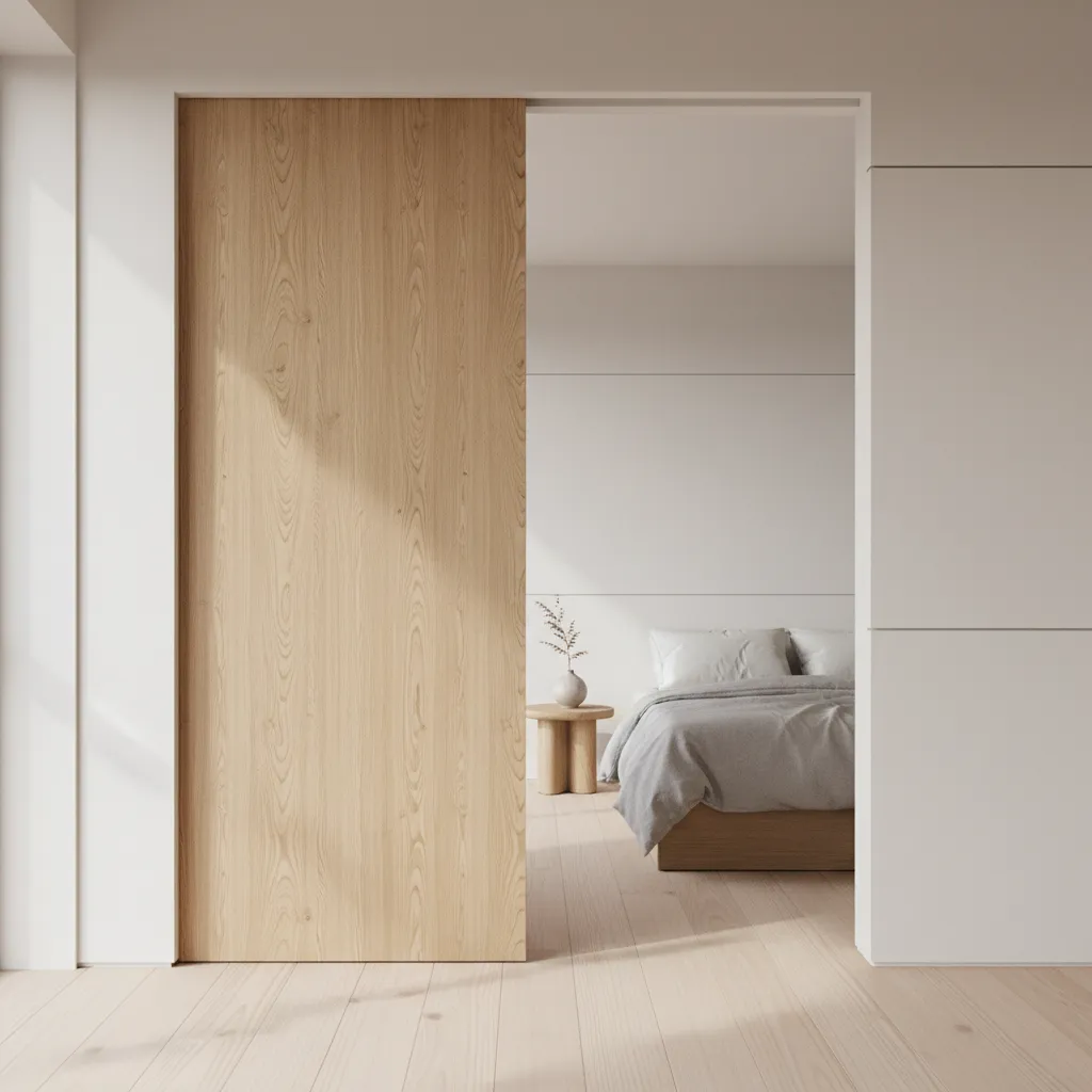 Puerta interior de madera lisa en un dormitorio moderno