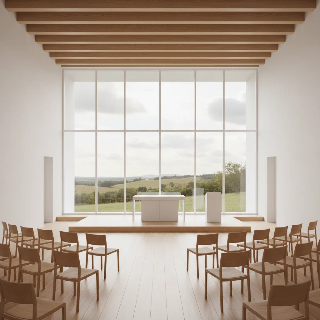 Modern small chapel interior with flexible seating arranged in semicircle