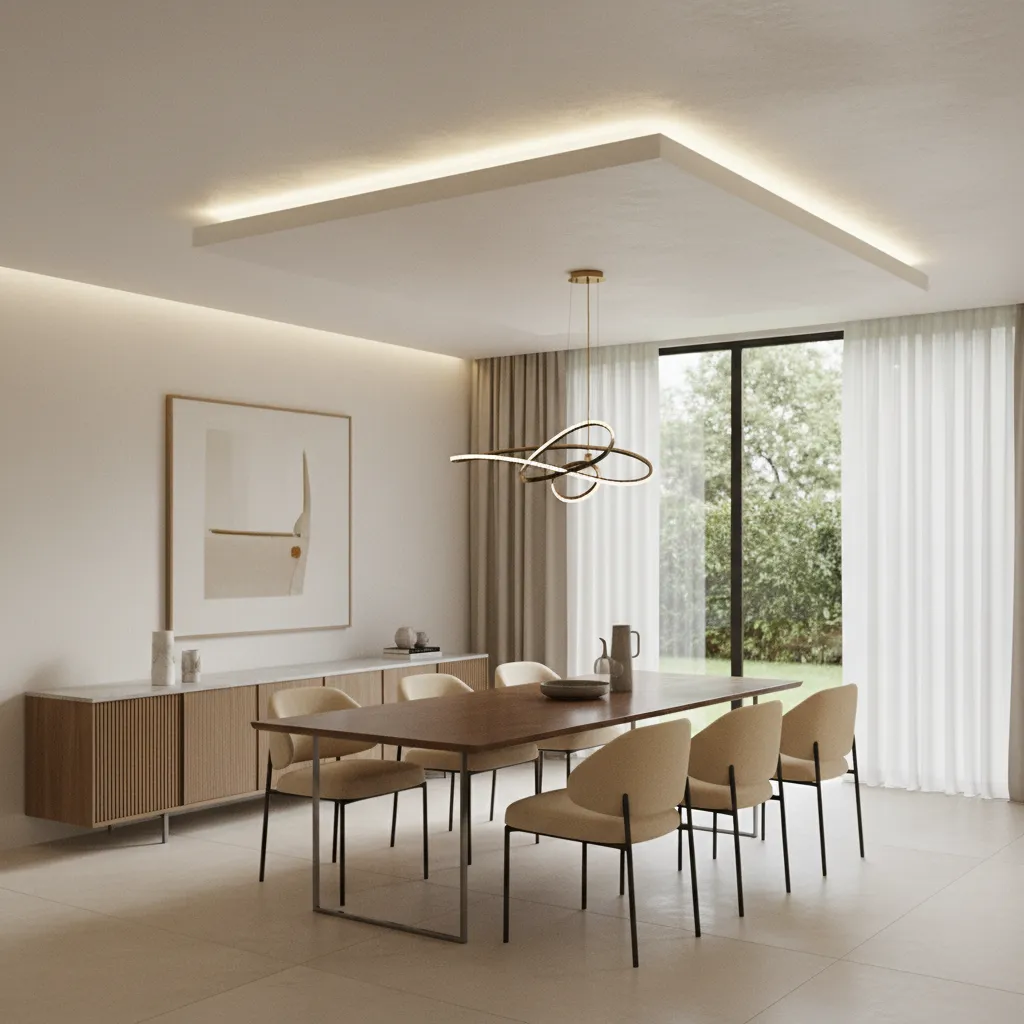Modern dining room with floating panel false ceiling and pendant light