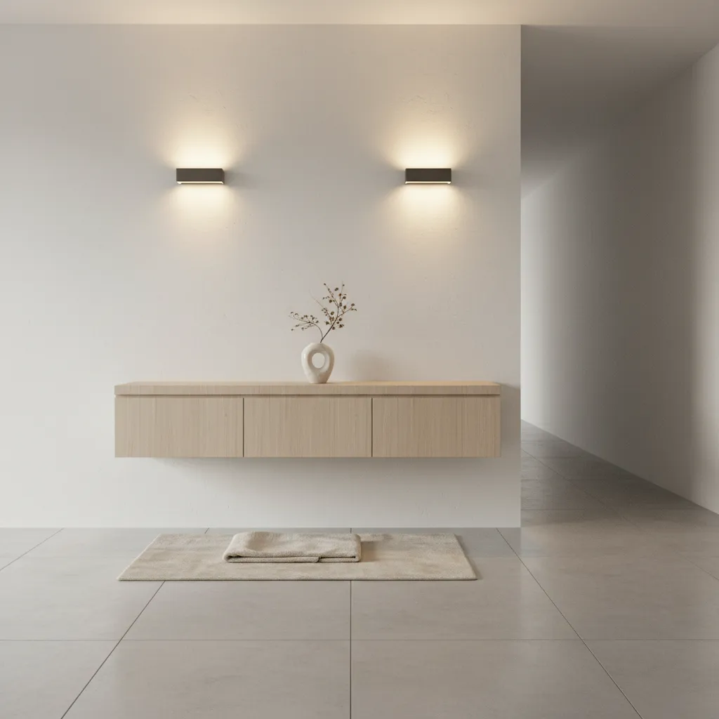 Floating console wall with modern lighting and minimalist decor