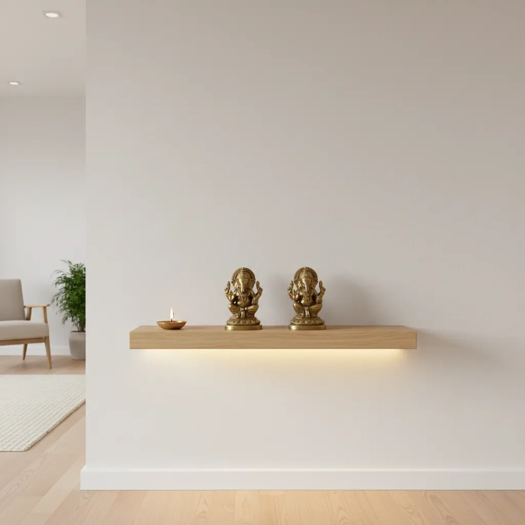 Minimal floating wooden pooja shelf design for small apartments