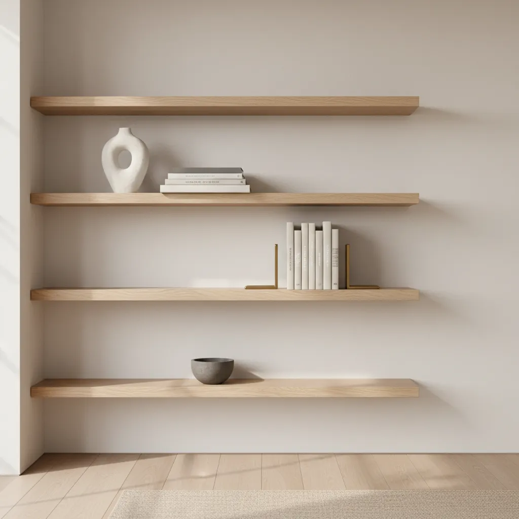Minimal floating shelves with curated decor in modern living room